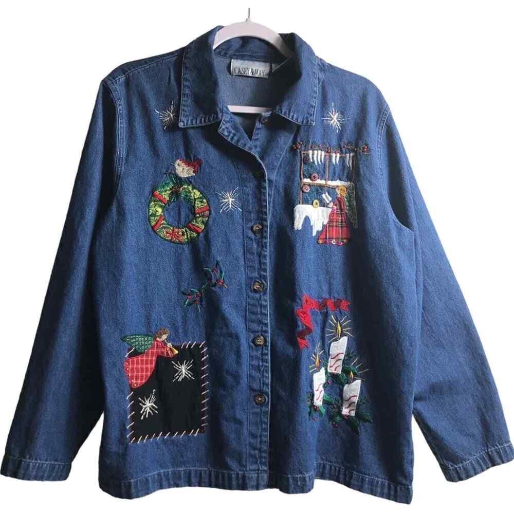 Casey & Max Embroidered Vintage Denim Christmas Button Down Jacket